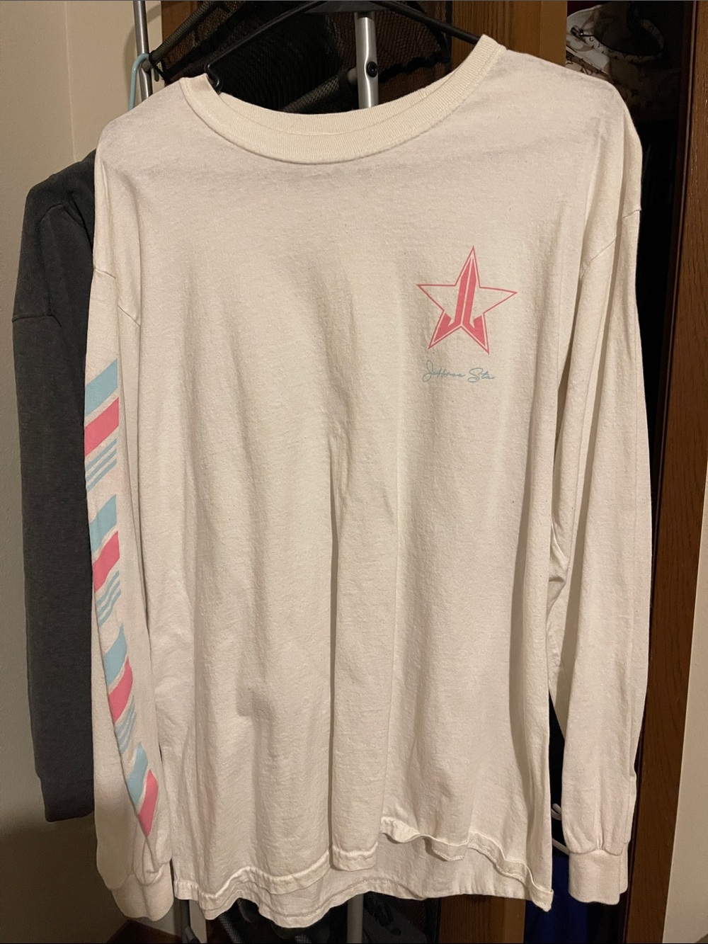 Jeffree Star Cream Long Sleeve Tee with Pink Star and Blue Stripe Accents